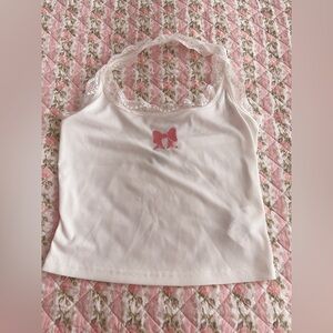 White lace Ribbed crop halter top with Bow